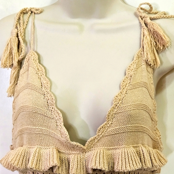 Papermoon Beige Knit V-Neckline Sleeveless Ruffle Boho Mini Dress,Medium - Picture 5 of 16